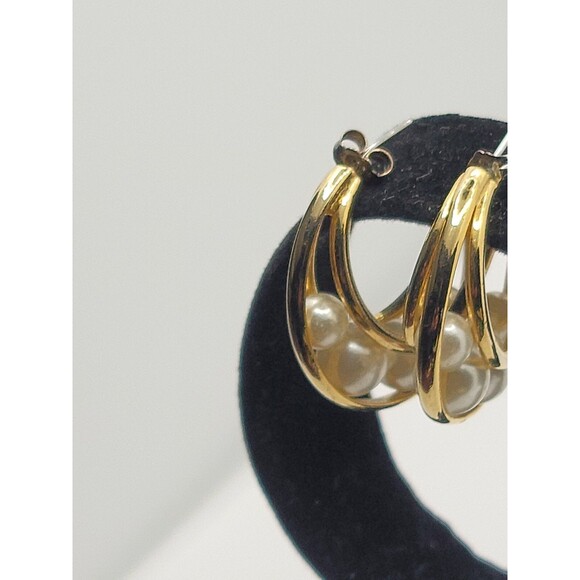 Vintage Gold Tone Faux Pearl Hoop Pierced Earrings Make Offer - Picture 2 of 4